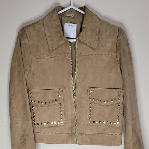 Sandro Paris Tan Patriote Studded Pockets Suede Leather - Picture 3 of 5